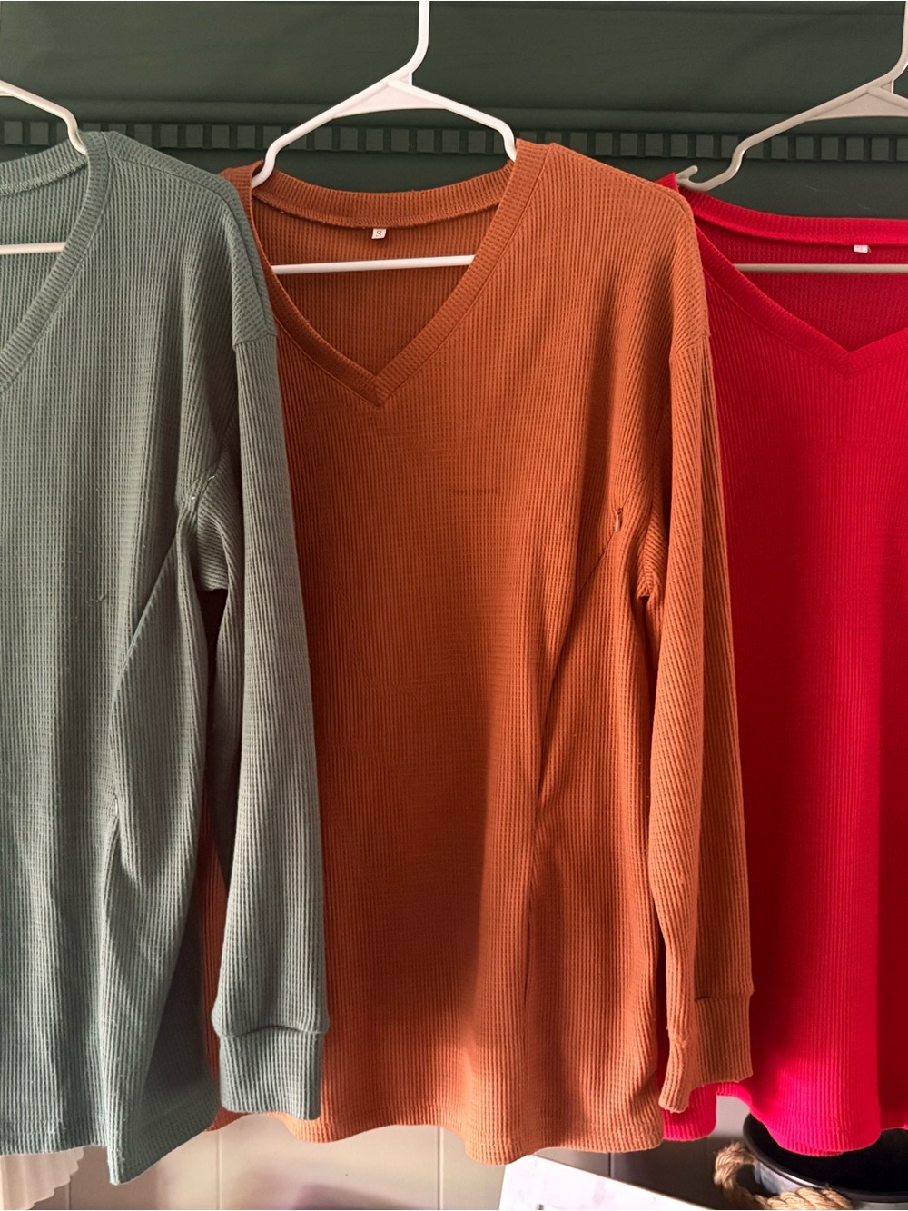 Waffle Knit V-Neck Breastfeeding Sweater - green, rust and red(3pack)